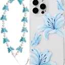 NITITOP Compatible with iPhone 15 Pro Max Case Clear with Chain Wrist Strap Cute Butterfly Lily Flower Floral Pattern for Women Girls Slim Shockproof Full Camera Protective Cover - Blue
