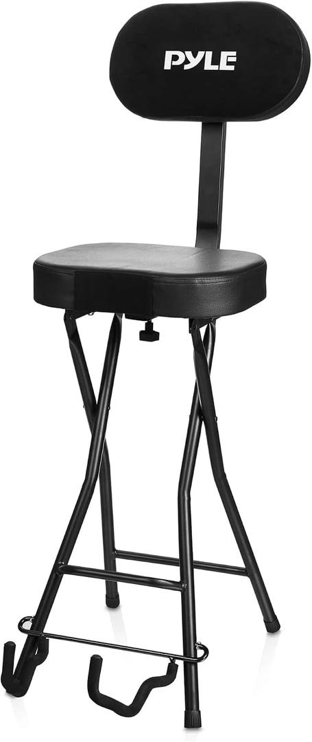 Pyle Adjustable Guitar Seat with Built-In Stand, EVA Foam Padded Cradles, Removable Backrest, Non-Slip Rubber Feet, Collapsible Design Fits Acoustic, Electric & Bass Guitars 300 lbs Capacity.