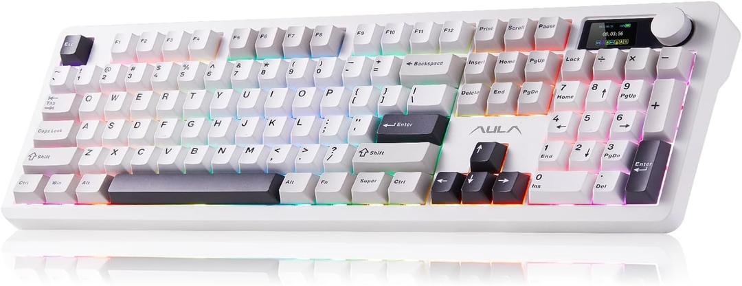 AULA F106PRO Wireless Keyboard, Full Size Mechanical Keyboard with Media Knob & Screen, 8000mAh Battery Hot Swappable Custom PBT keycaps Gaming Keyboard - Blaze Switch,Black White Grey