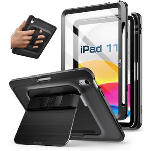 i-Blason Grip for iPad A16 11th Generation Case 11'' 2025/ iPad 10th Generation Case [Hand Strap] [Screen Protector] [Metal Stand & Pencil Holder] Full-Body Rugged Bumper Protective Cover (Black)