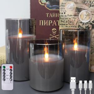 200 Hour Flameless Candles with Remote, Rechargeable Flickering Glass Pillar Candles with Remote and Timer, Black Flameless Candles Moving Flame for Christmas Festival Home Holiday Dcor