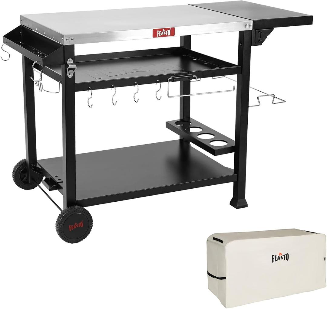 Feasto Outdoor Grill Table Cart, Pizza Oven Stand for Outdoor Indoor, 50" x 22" Stainless Steel Tabletop Dining BBQ Grill with Wheels for Food Prep, 3-Shelf Kitchen Cart with Cover