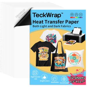 TECKWRAP Printable Heat Transfer Paper for T-Shirts Heat Press 8.3" X 11.7"?12 Sheets Matte Printable Heat Transfer Vinyl for Inkjet Printer, Iron on Transfer Paper for Both Light and Dark Fabric