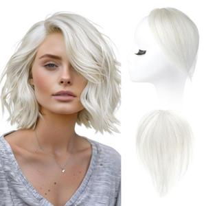 REECHO Human Hair Clip-in Hair Volumizer - 1PC 8 Inch Short Thick Hairpieces for Extra Volume, Easy Clip-in Extensions for Thin & Fine Hair -Platinum Blonde with Black Strands