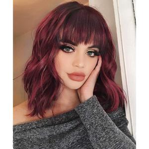 Short Bob Wig with Bangs for Women Red Wigs Synthetic Curly Wavy Hair Wigs Natural Looking Heat Resistant Fiber Hair for Women