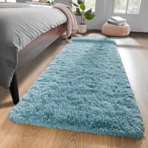 YJ.GWL Fluffy Runner Rugs for Bedroom Living Room Soft Shag Teal Rug 2x6 Feet, Turquoise Green Plush Carpet Non Slip for Nursery Dorm, Fuzzy Bedside Rug for Kids Boys Girls Room Home Decor