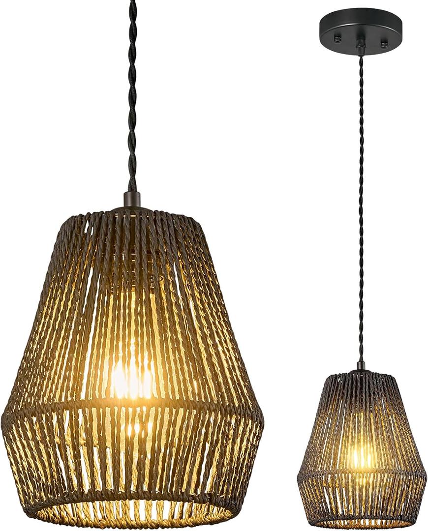 Woven Rattan Pendant Light Fixtures Farmhouse Black Pendant Lights Kitchen Island Wicker Boho Light Fixtures Ceiling Dining Room Coastal Pendant Lighting (7.08 in 1-Pack) (Type A:Black-1Pack)