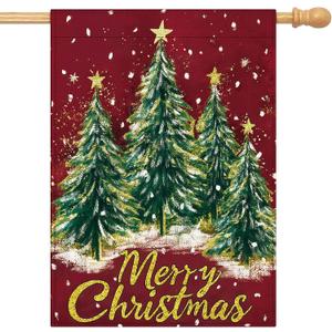 Artscope Merry Christmas Tree House Flag 28x40 Inch Double Sided, Seasonal Outdoor Winter Xmas Flag for Yard Farmhouse Holiday Decoration-Red