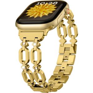 TAURI Metal Band for Apple Watch Bands 44/45/46/49mm, Adjustable Bling Diamonds Strap Fashion Cute Double Chain Thin Bracelet for iWatch Series 11/10/9/8/7/6/5/4, SE3/2, Ultra 3/2/1, Women- Gold