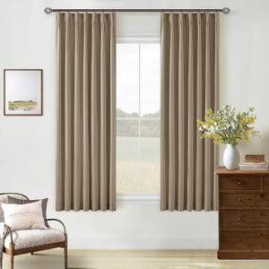 Light Brown Black Out Curtains 63 Inch Long for Bedroom Pinch Pleated with Rings Hooks Back Tab Thermal Insulated Short Linen Blackout Drapes Farmhouse Living Room Darkening Kitchen Coffee Curtains