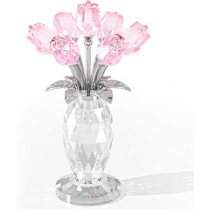 Movdyka Glass Rose Flower Pink Roses Bouquet Home Decor Crystal for Mom Wife Collectible Blown Glass Figurines Desk Ornaments Wedding Decor Romantic Gifts for Women