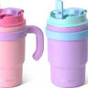 Fimibuke 16oz Kids Insulated Tumbler with Handle & Straws - 2 Pack BPA FREE 18/8 Stainless Steel Toddler Cups with Sip/Swig 2-in-1 Lids, Leak Proof Kid Drinking Cup Travel Mugs for Children Boys Girls (B1.Pink & Purple)
