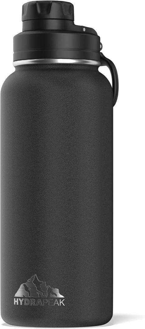 Hydrapeak 32 oz Insulated Water Bottle with Chug Lid - Reusable Leak Proof Stainless Steel Water Bottles, Double Wall Vacuum Insulation | 24 Hours Cold and 12 Hours Hot (Black)