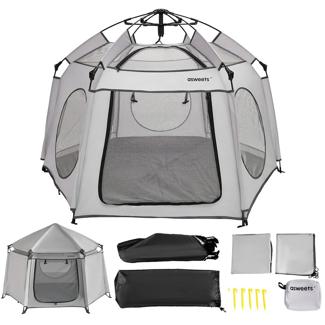 Asweets 4 in 1 Pop Up Playpen Indoor and Outdoor Portable, Lightweight Baby Playpen with Travel Bag,Baby Beach Tent and Play Toddler Play Yard Canopy(Grey)