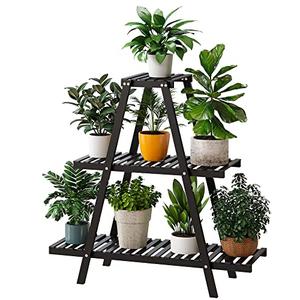 Furshus Bamboo Plant Stand Indoor/Outdoor, 3-Tier, Black, Rectangular, 8 Potted Flower Holder Ladder Plant Rack