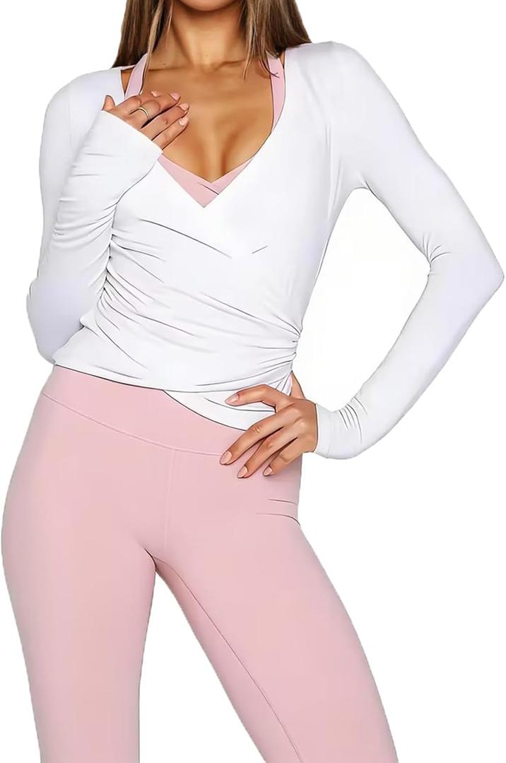Women Wrap Top Thumb Hole Long Sleeve Self Tie Workout Shirt Pilates Ballet Yoga Tops (Small, White)