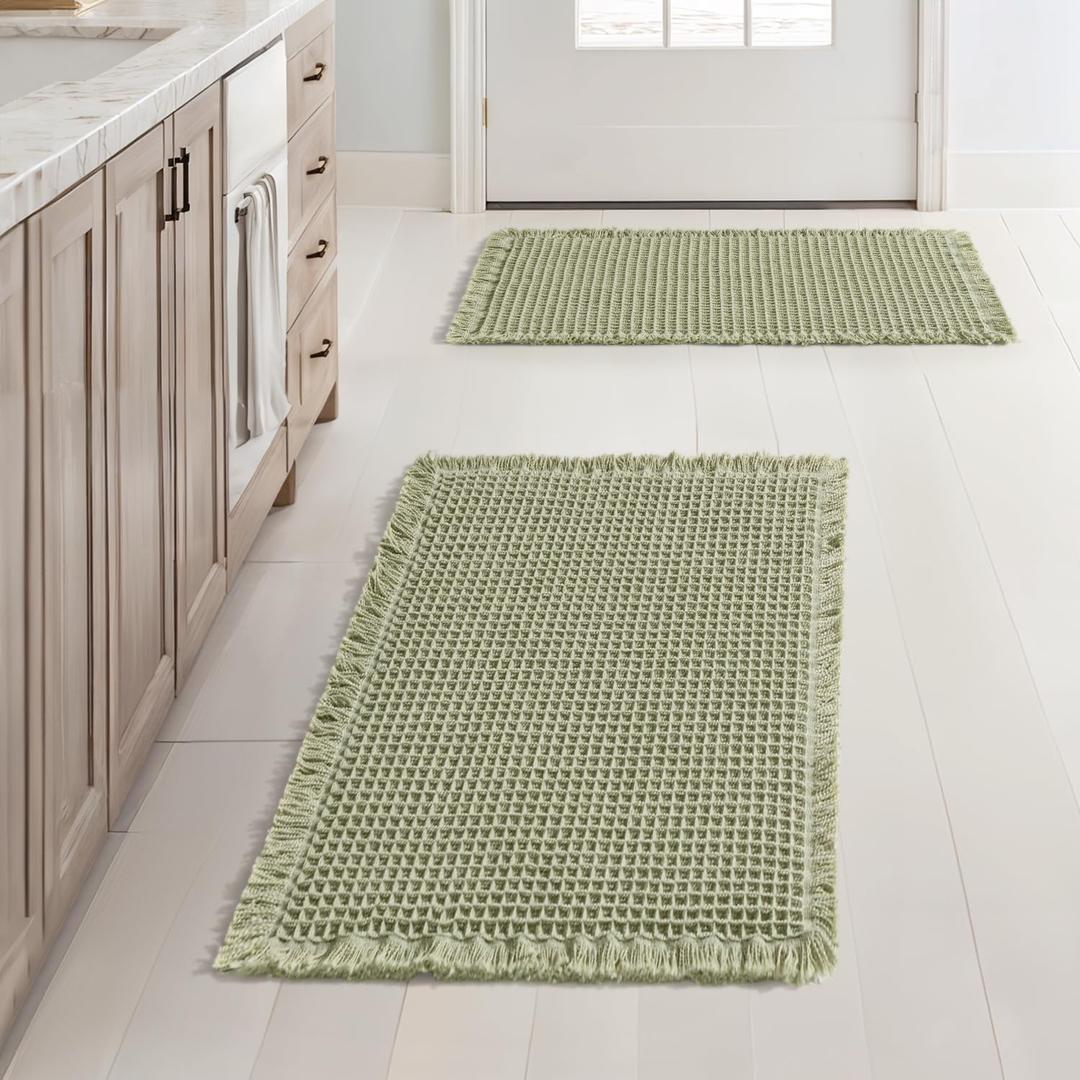 MIULEE Set of 2 Waffle Bathroom Rugs, Boho Bath Rugs Non Slip Washable, Super Absorbent Bath Mats, Ultra Soft Rubber Backed Shower Mats for Bathroom Floor, Tub and Shower, Sage Green, 17x24 Inch