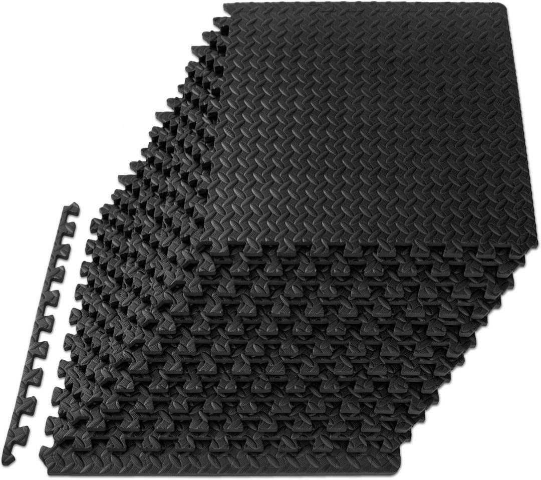 ProsourceFit Puzzle Exercise Mat  in, EVA Interlocking Foam Floor Tiles for Home Gym, Water-Resistant Mats Workout Equipment, Floor Padding for Kids, Black, 24 in x 24 in x  in, 48 Sq Ft - 12 Tiles