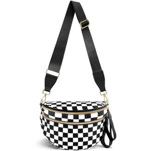 URSKYTOUS Checkered Crossbody Bags for Women Nylon Bum Bag Spacious Trendy Fanny Pack Large Sling Bags with Adjustable Strap (Gm Checkered Black White)