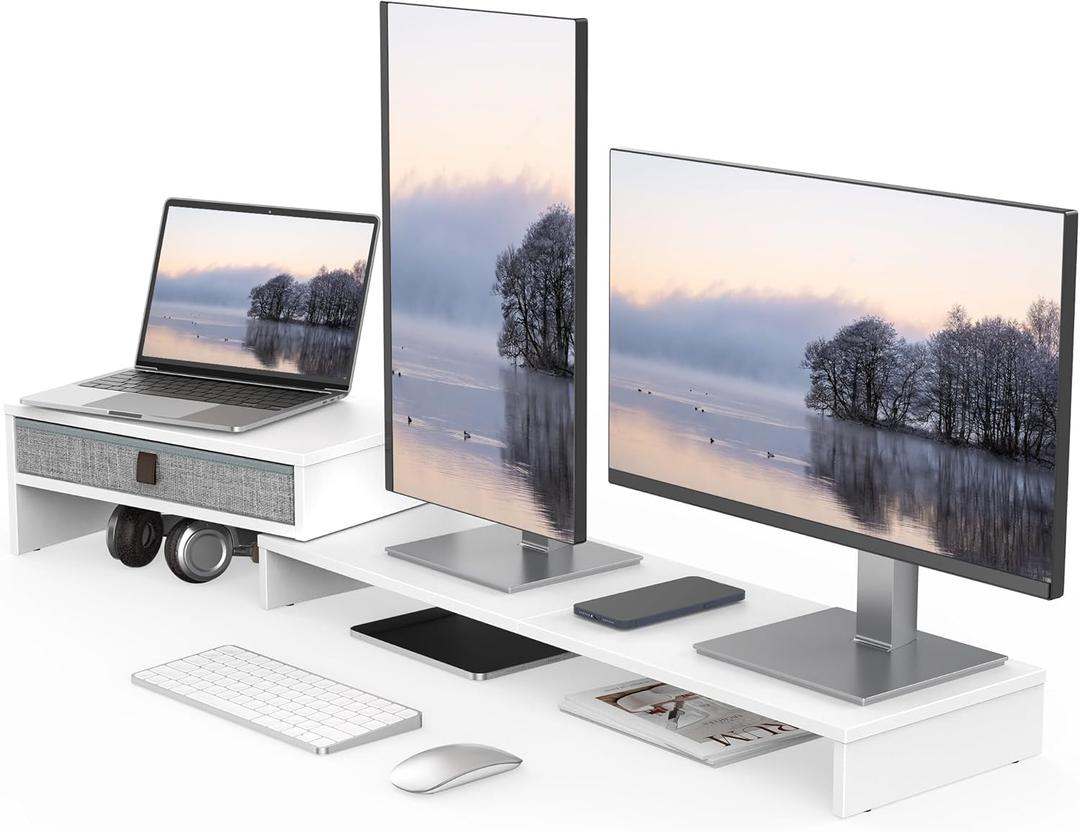 Fenge Computer Monitor Riser Stand with Drawer for 2 or 3 Monitors ,Adjustable Length and Angle Desktop Laptop Stand,Office Organizer,Printer,White, 10 x 2 x 2.7 inches