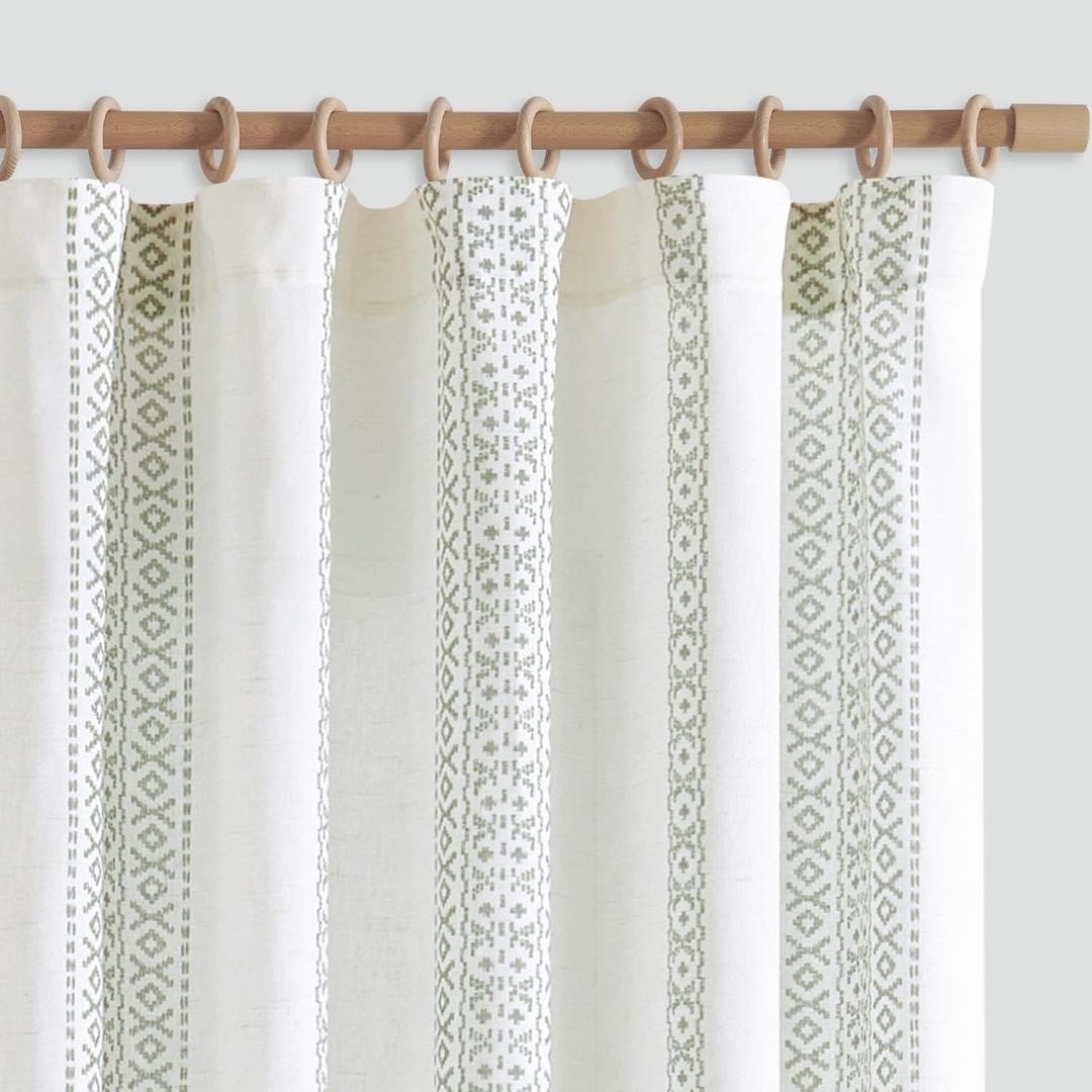 jinchan Boho Linen Curtains 63 Inch Length Country Farmhouse Printed Curtains for Living Room or Bedroom Green on White Rod Pocket Back Tab Geometric Light Filtering Drapes Set 2 Panels