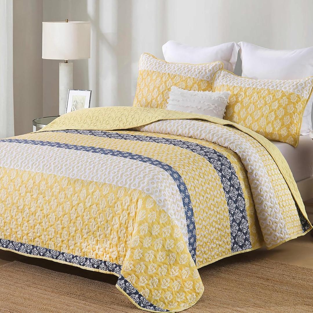 Cottolester Boho Quilt Set Queen Size Yellow Striped Bedspread Lightweight Soft Microfiber Bedding Set 96"x90" (3 Pieces)