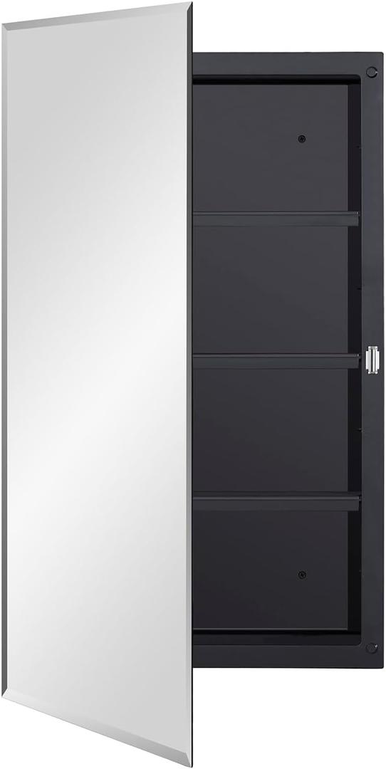 IDYLLOR Black Plastic Medicine Mirror Cabinet for Bathroom with 18 x 28 inch Beveled Edge Mirror, Recessed and Surface Mount