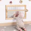 Baby Montessori Wooden Frame Non-Shatter Safety Mirror w/ 2 Pull Up Bars, Infant Coordination Small Mirror for 6-18 Months (Natural)