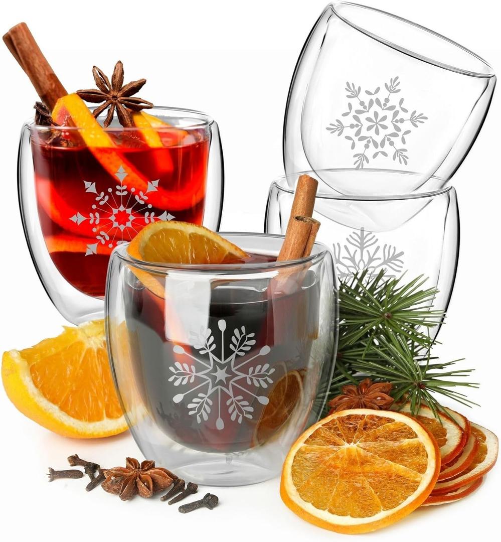 Wrenbury Mulled Wine Glasses Snowflake 7.7oz - Set of 4 Hot Toddy Mugs - Double Walled - Insulated Winter Christmas Eggnog Glogg Drinks - Gluhwein Cups