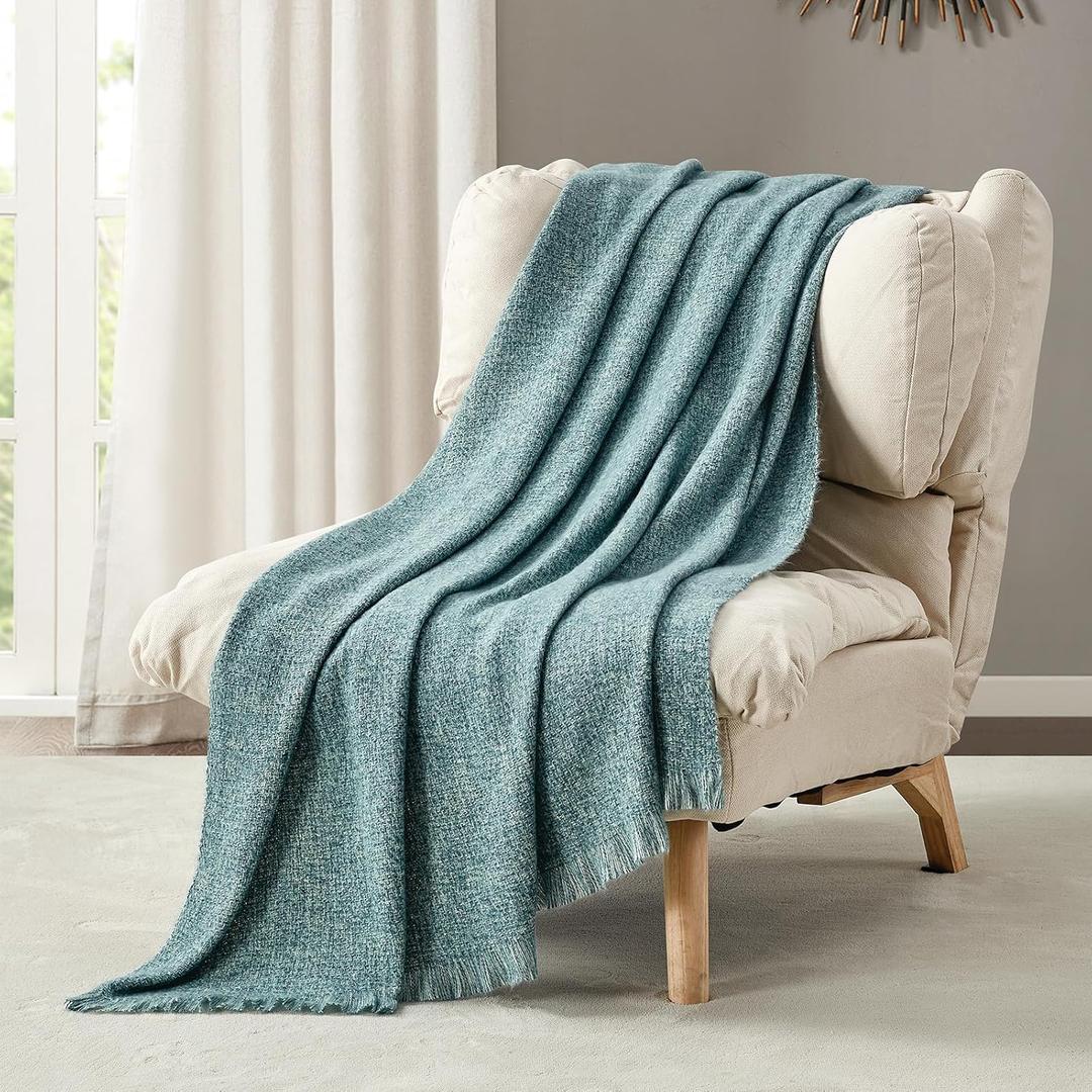 BOURINA Faux Cashmere Fringe Throw Blanket Decorative Lightweight Throw Soft Cozy for Bed or Sofa Outdoor Blanket, 50x70 Inches Teal