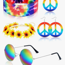 5 Pieces Hippie Costume Set Glasses Headband Peace Sign Earrings Necklaces Tie Dye Bandana Hippie Accessories for 60s 70s