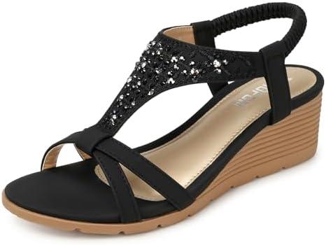 TEMOFON Women's Low Wedge Heels Summer Dressy Platform Sandals Elastic Ankle Strap Open Toe Flower Shoes, Size 42