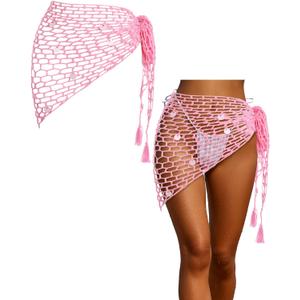 Halloween Mermaid Cosplay Crochet Cover-ups Skirt Triangle Shawl Swimwear Shiny Sequin Beach Fishnet Wrap (Pink)