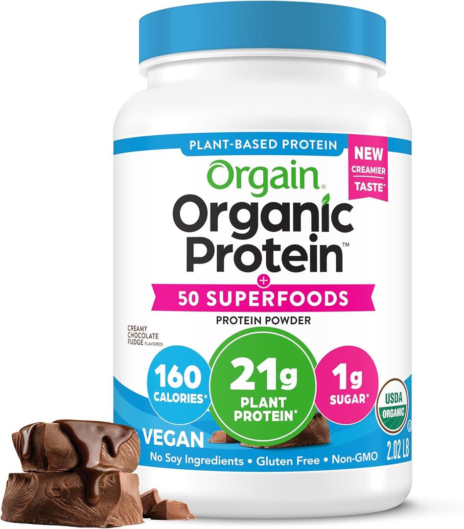 Orgain Organic Vegan Protein + 50 Superfoods Powder, Creamy Chocolate Fudge - 21g Plant Based Protein, 9g Prebiotic Fiber, No Lactose, Gluten Free, No Added Sugar, 2.02 lb (Packaging May Vary), Expiry: 10-31-2026
