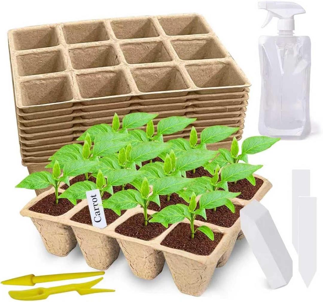 Doubleggs 120 Cells Seed Starter Tray, 10 Pack Biodegradable Peat Pots with 100 Labels, Plant Starter Kit for Seedlings