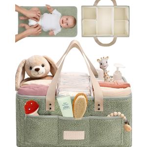 Baby Diaper Caddy Organizer with Portable Changing Mat - Teddy Fleece Diaper Organizer for Changing Table - Basket for Changing Essentials - Baby Essentials Organizer with Removable Dividers