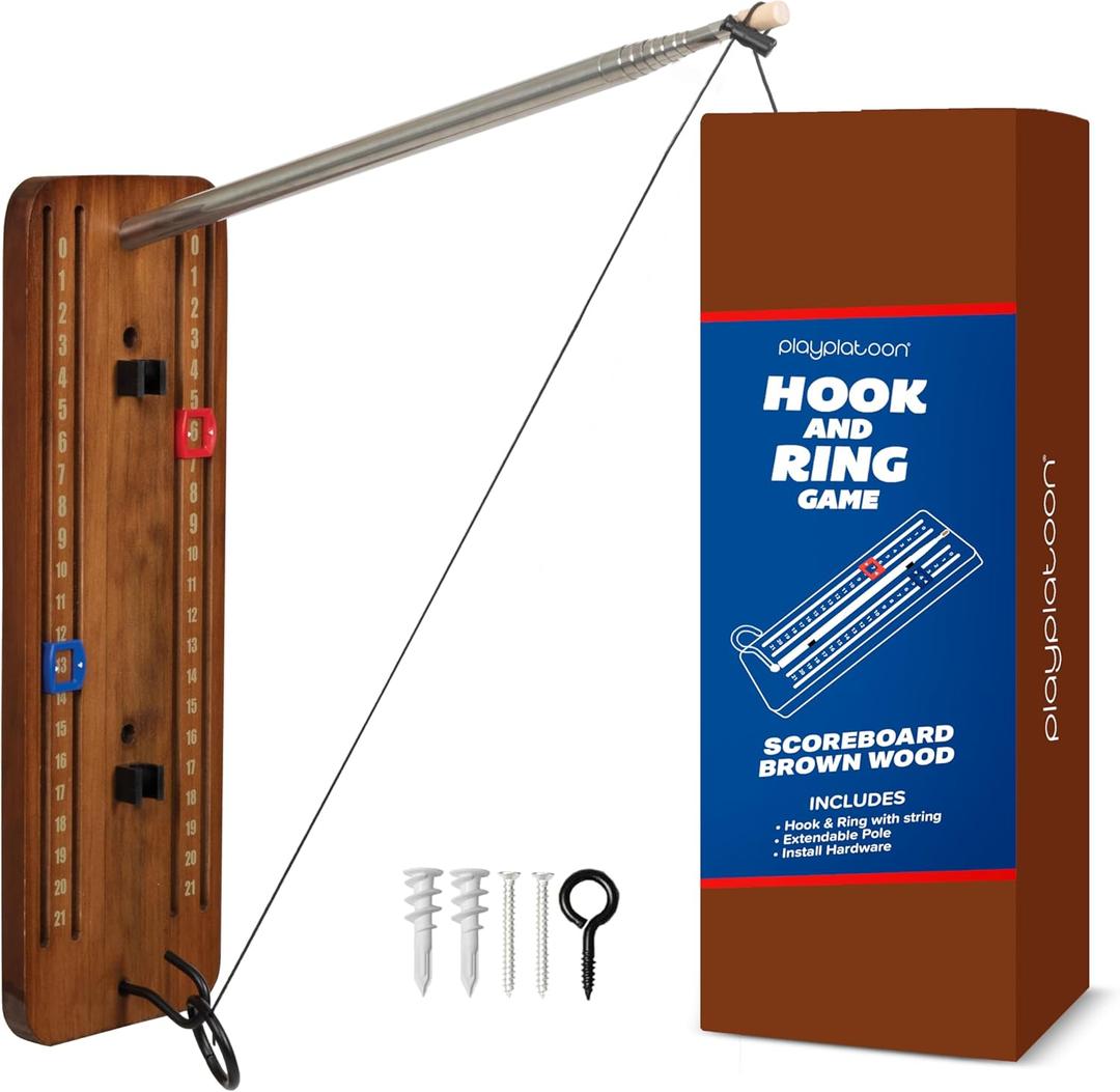 Play Platoon Hook and Ring Toss Bar Game for Adults - Wood Toss Ring Game for Adults - Perfect Home, Basements, & Bar Gifts (Scoreboard Brown with Pole)