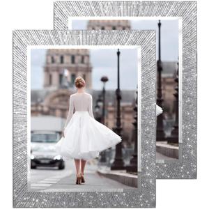 8.5x11 Glass Picture Frame Set of 2, Glitter Photo Frame for Tabletop or Wall Display, Spaekle 8.5 by 11 Silver Wedding Frame