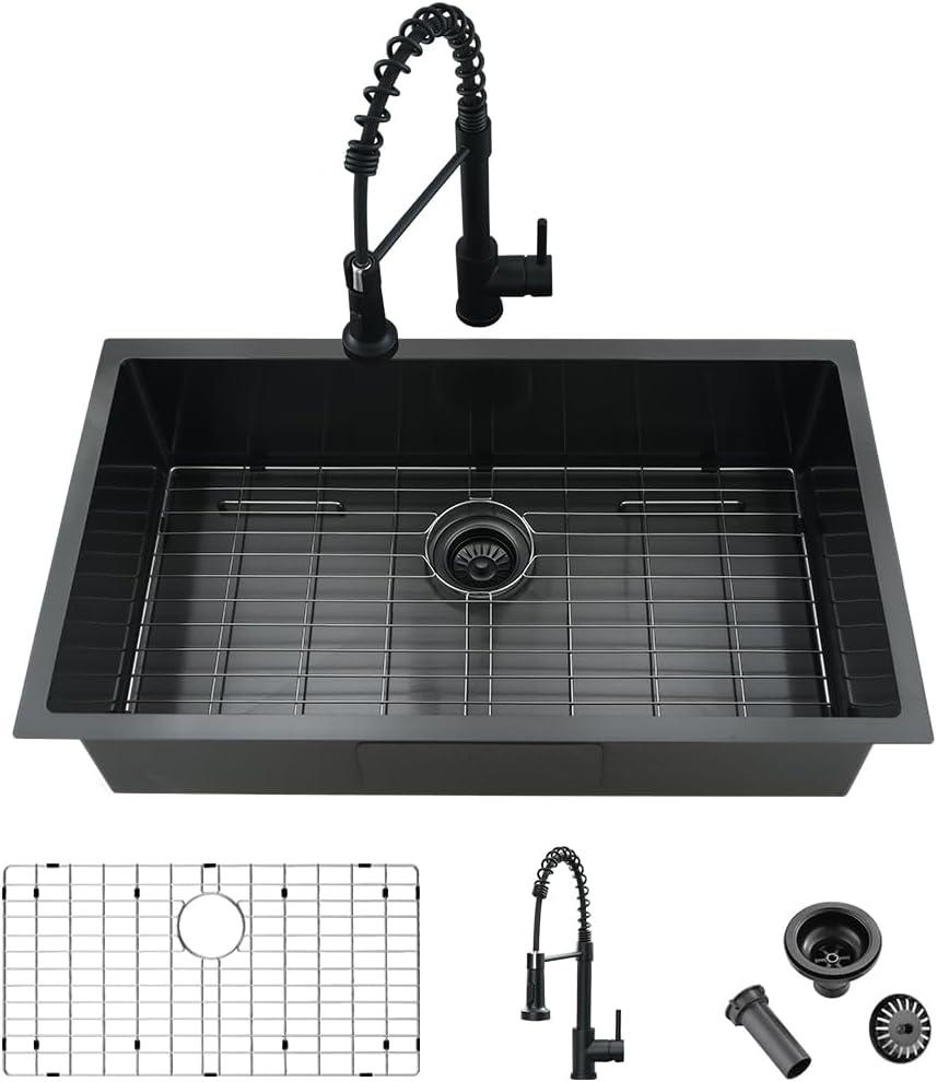 33 Inch Black Undermount Kitchen Sink and Faucet Combo-iAnomla 33x19 Black Stainless Steel Kitchen Sink Undermount Single Bowl 16 Gauge Deep Sinks with Faucet Combo Set, 33”L x 19”W x 10”D