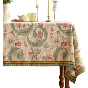 patdrea Designer Green Tablecloth for Rectangle Tables,Vintage Linen with Leaves and Flowers Pattern Tablecloths,Farmhouse Floral Table Cover Cloth Decor for Kitchen Dining Christmas,63"*87"