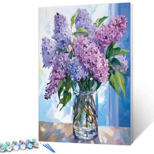 Tucocoo Paint by Number Blue Lilac in a Glass Vase Flowers DIY Painting On Canvas with Brushes Acrylic Paints Graffiti Paint by Numbers for Adults Kids Students Beginner 16x20 Inch（DIY Frame）