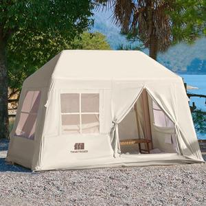Inflatable Tents for Camping, Blow Up Tents with Hand Pump, 3-4 Person Air Glamping Tent, Easy Setup 4 Season Waterproof Windproof Outdoor Glamping House(Almond White)