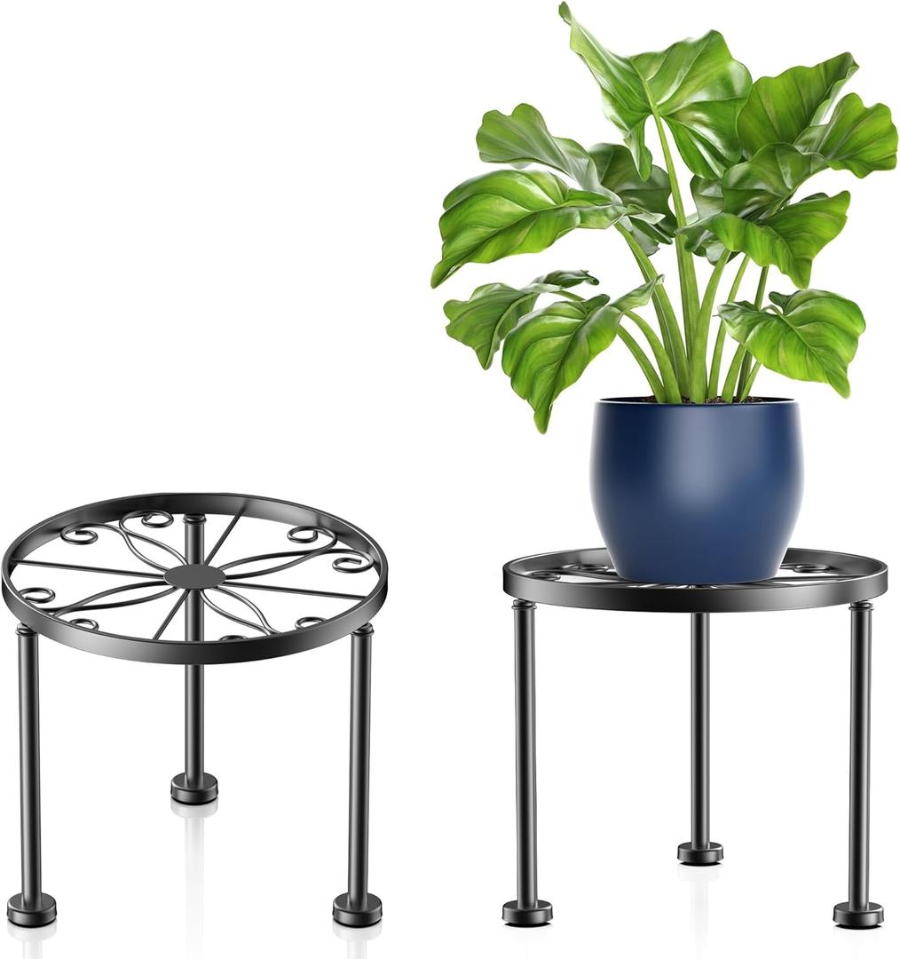 Garden Gifts Plant Lovers Gifts Black Metal Plant Stand with Anti-Slip Base Rustproof Heavy Duty Decorative Round Flower Pot Display Shelf for Indoor/Outdoor (2 Pack Matte Black)