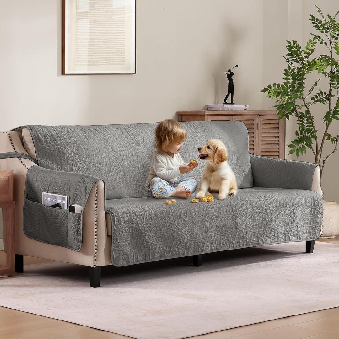 Quilted Cool Gray Sofa Slipcovers with Pockets, Anti-Slip Medallion Couch Covers for 3 Cushion Sofa, Couch Cover for Dogs Cats Water-Repellent Machine Washable (Large Sofa 68", Cool Gray)