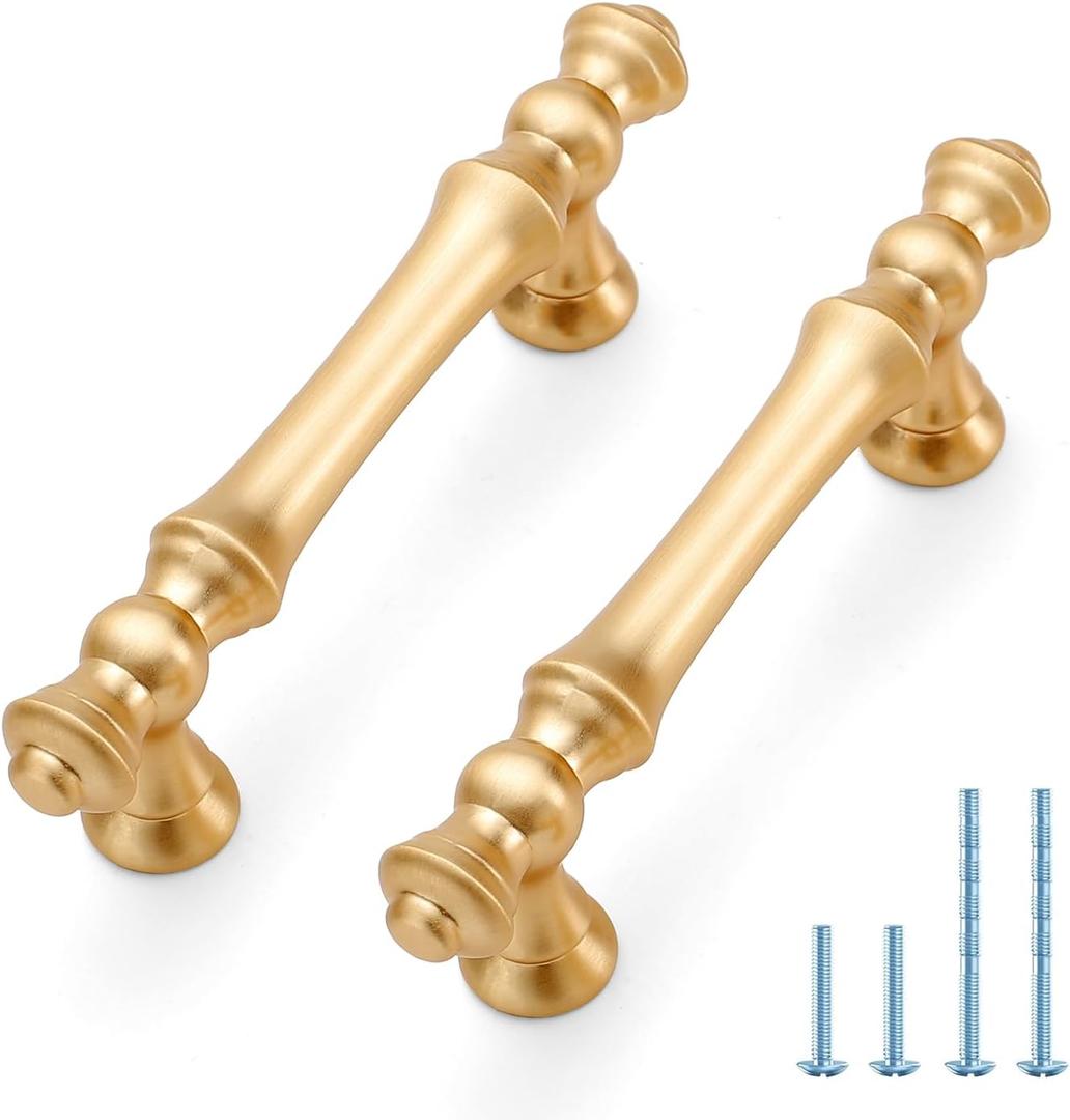 JOY DECOR 10 Pack 3 Inch Brushed Brass Kitchen Cabinet Handles, Zinc Gold Drawer Pulls for Cupboard, Dresser, and Wardrobe, 3" (76mm) Hole Center, Cabinet Hardware