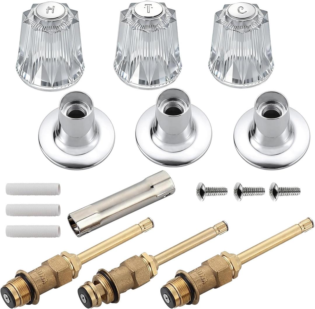 39619 Bathtub Shower Handle Remodel/Rebuild Trim Kit, Shower Knob 3 Piece for Price Pfister Verve Faucets, Includes 12H-2H, 12H-2C, 12H-18D Stems and Tubs knob Handle and Flange Base (Clear Acrylic)