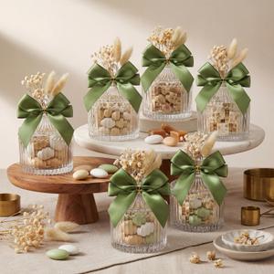 Honeydak 12 Sets Glass Candy Jar with Lids Elegant Crystal Decorative Candy Dish Candle Holders for Guests with Dried Flowers Bows Organza Bags for Wedding Engagement Baby Shower Party Favors(Green)