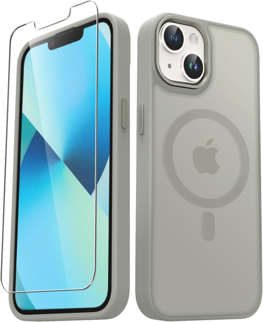for iPhone 14 Case, iPhone 13 Case, with 1 Screen Protector, Matte Magnetic Slim Phone Cover, Support for Magsafe, Shockproof Protection Translucent Frosted Back,Titanium Gray