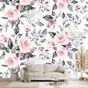 Grey Leaf Pink Flowers Mural Bedroom Floral Wallpaper Room Decor Living Room tv Background Large wall Mural - 91"x65" (Not Peel and Stick)
