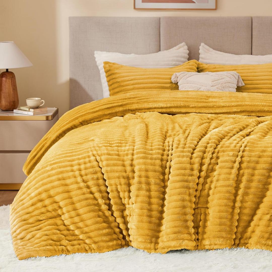 BEDELITE Fleece Queen Comforter Set -Super Soft & Warm Fluffy Mustard Yellow Bedding, Luxury Fuzzy Heavy Bed Set for Winter with 2 Pillow Cases
